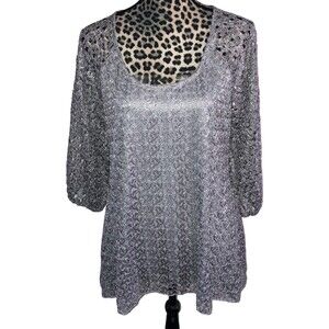 dress barn top Blouse L  Gray Metallic Crochet With Liner Sharkbite